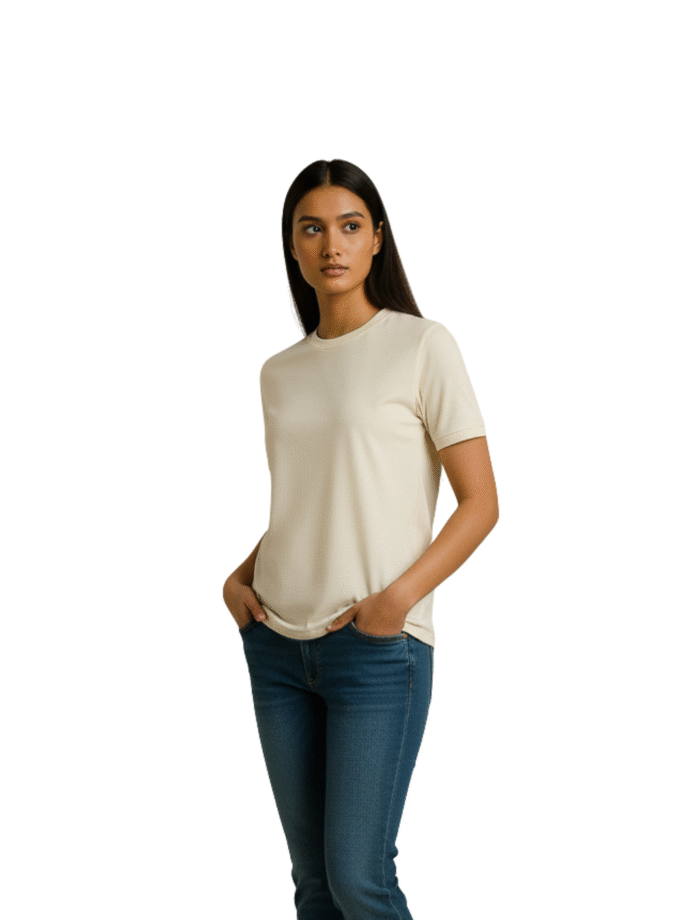 Cream Solid Crew Neck T-Shirt For Women