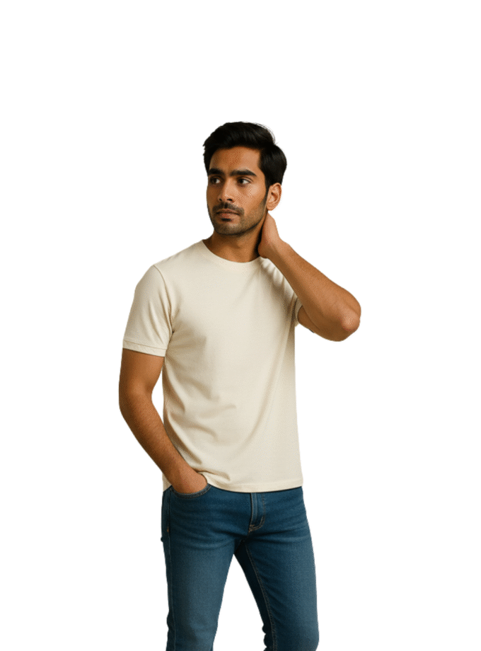 Cream Solid Crew Neck Basic T-Shirt For Men