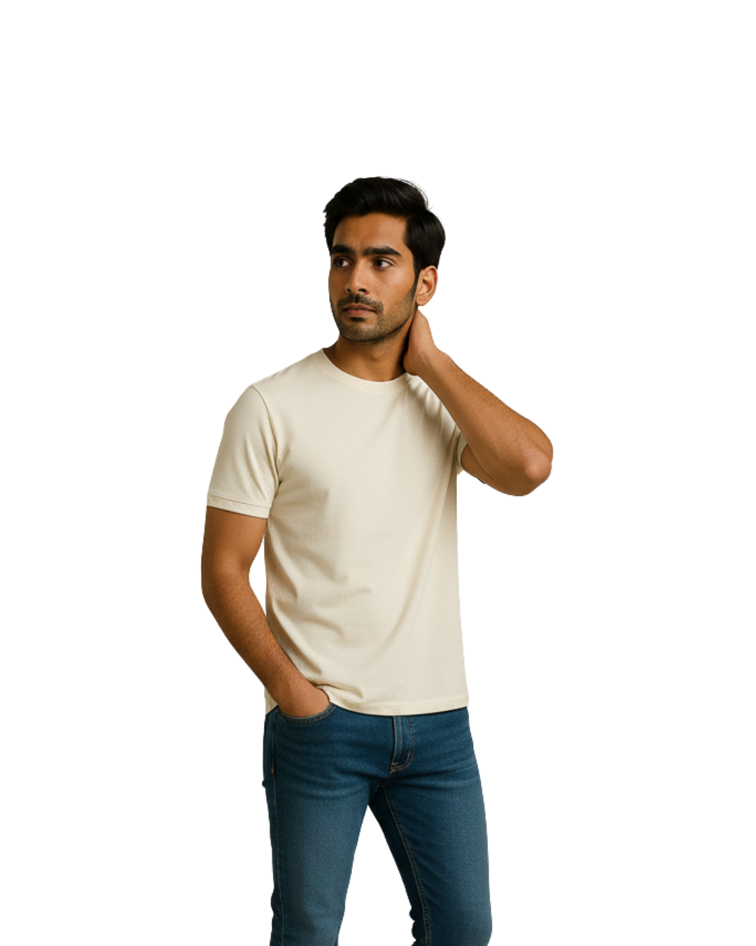 Cream Solid Crew Neck Basic T-Shirt For Men - Image 2