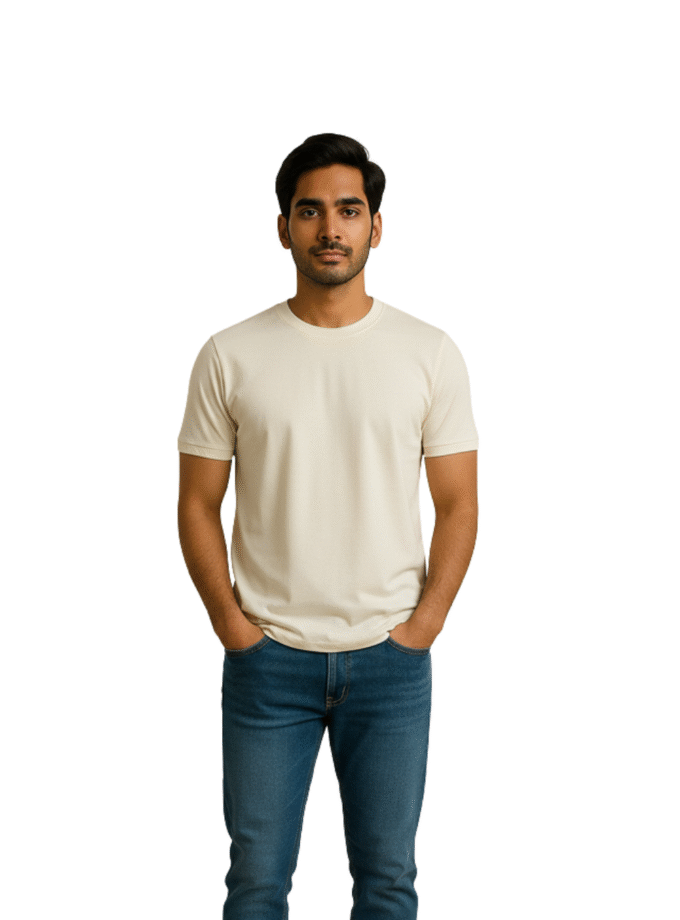 Cream Solid Crew Neck Basic T-Shirt For Men
