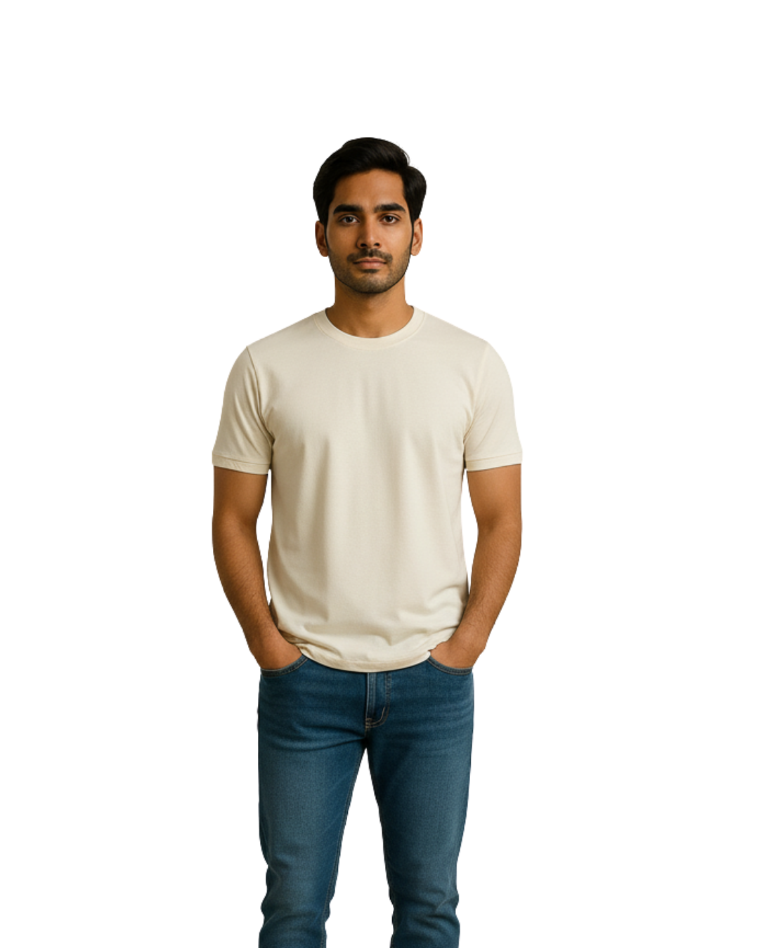 Cream Solid Crew Neck Basic T-Shirt For Men - Image 3