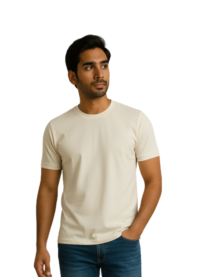 Cream Solid Crew Neck Basic T-Shirt For Men