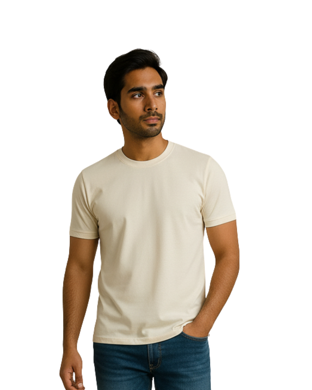 Cream Solid Crew Neck Basic T-Shirt For Men