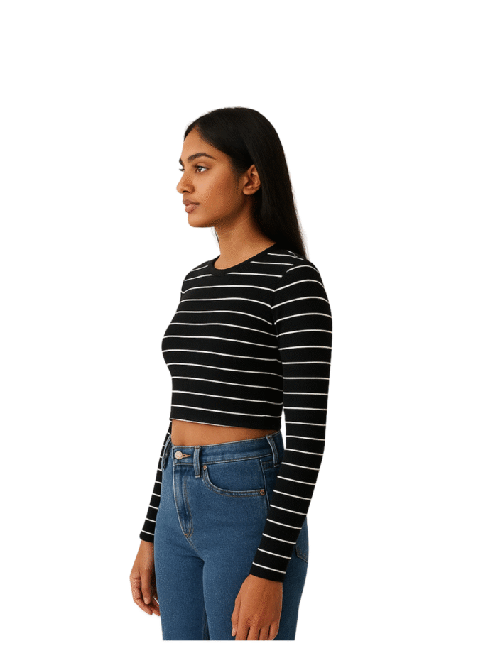 Black and White Striped Long-Sleeve Crop Top