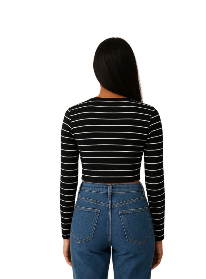 Black and White Striped Long-Sleeve Crop Top