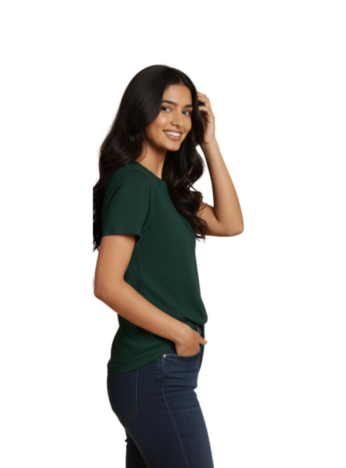 Dark Green Solid Crew Neck Basic T-Shirt For Women