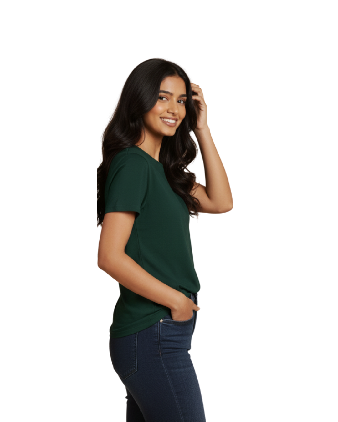 Dark Green Solid Crew Neck Basic T-Shirt For Women