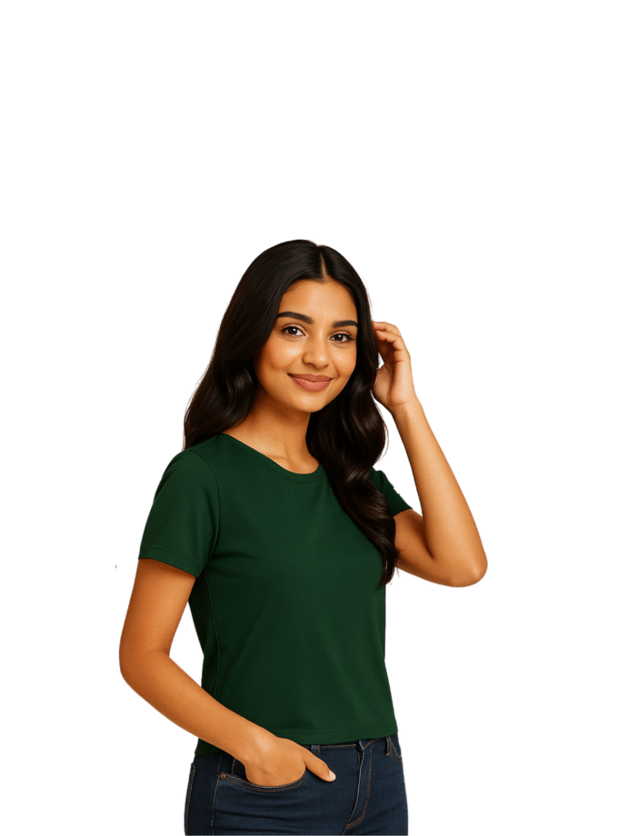 Dark Green Solid Crew Neck Basic T-Shirt For Women