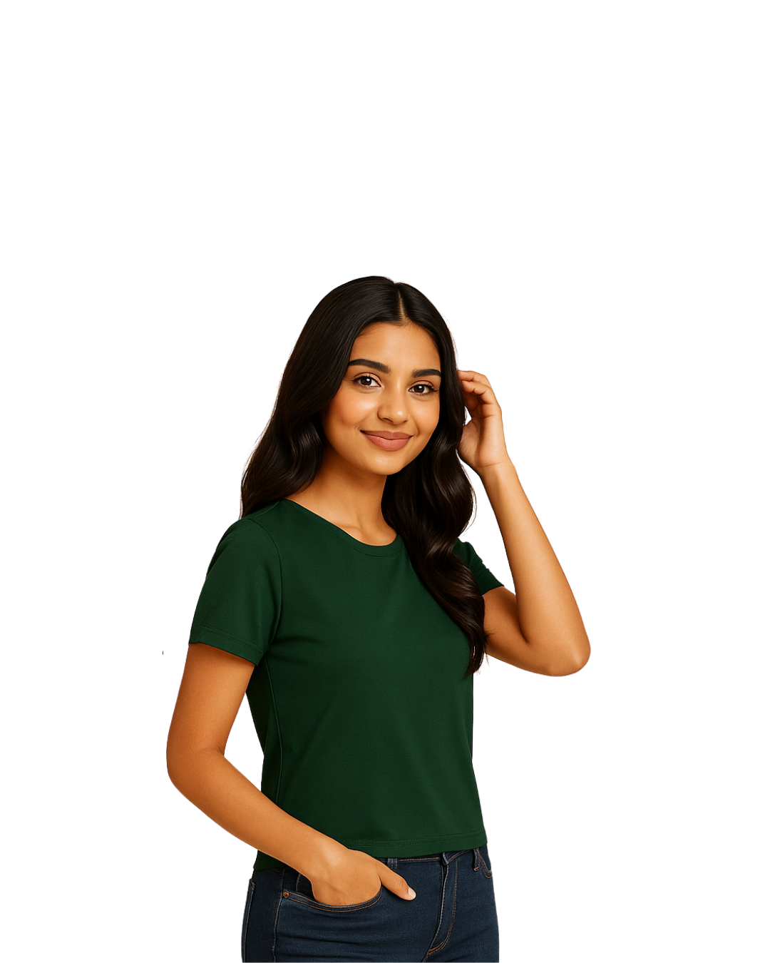 Dark Green Solid Crew Neck Basic T-Shirt For Women - Image 3