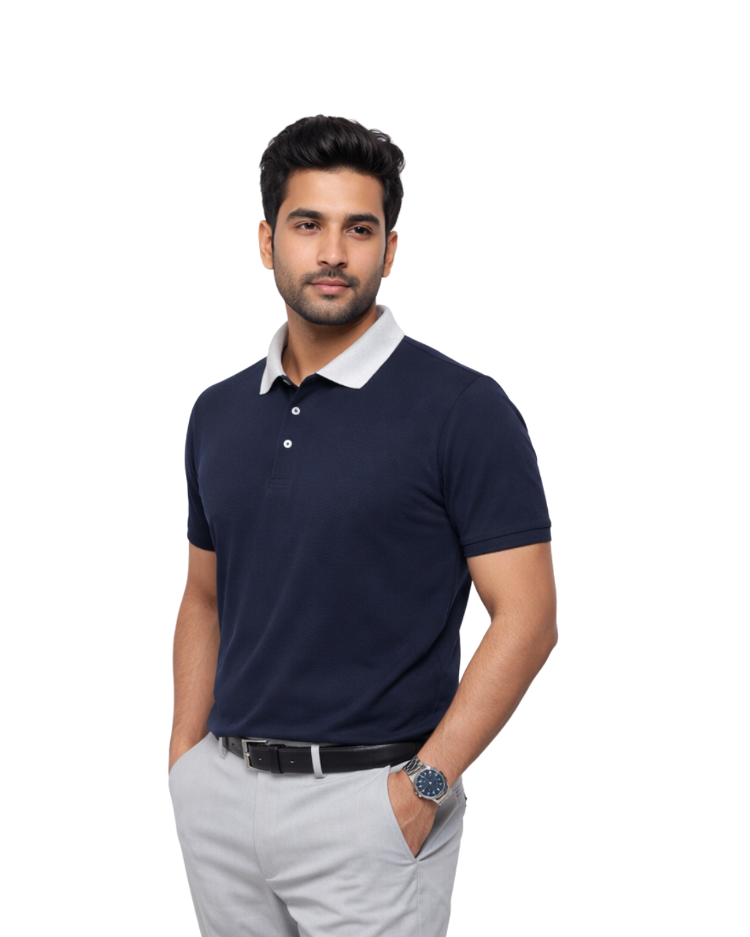 Men’s Navy Blue Polo T-Shirt with Grey Collar - Image 2