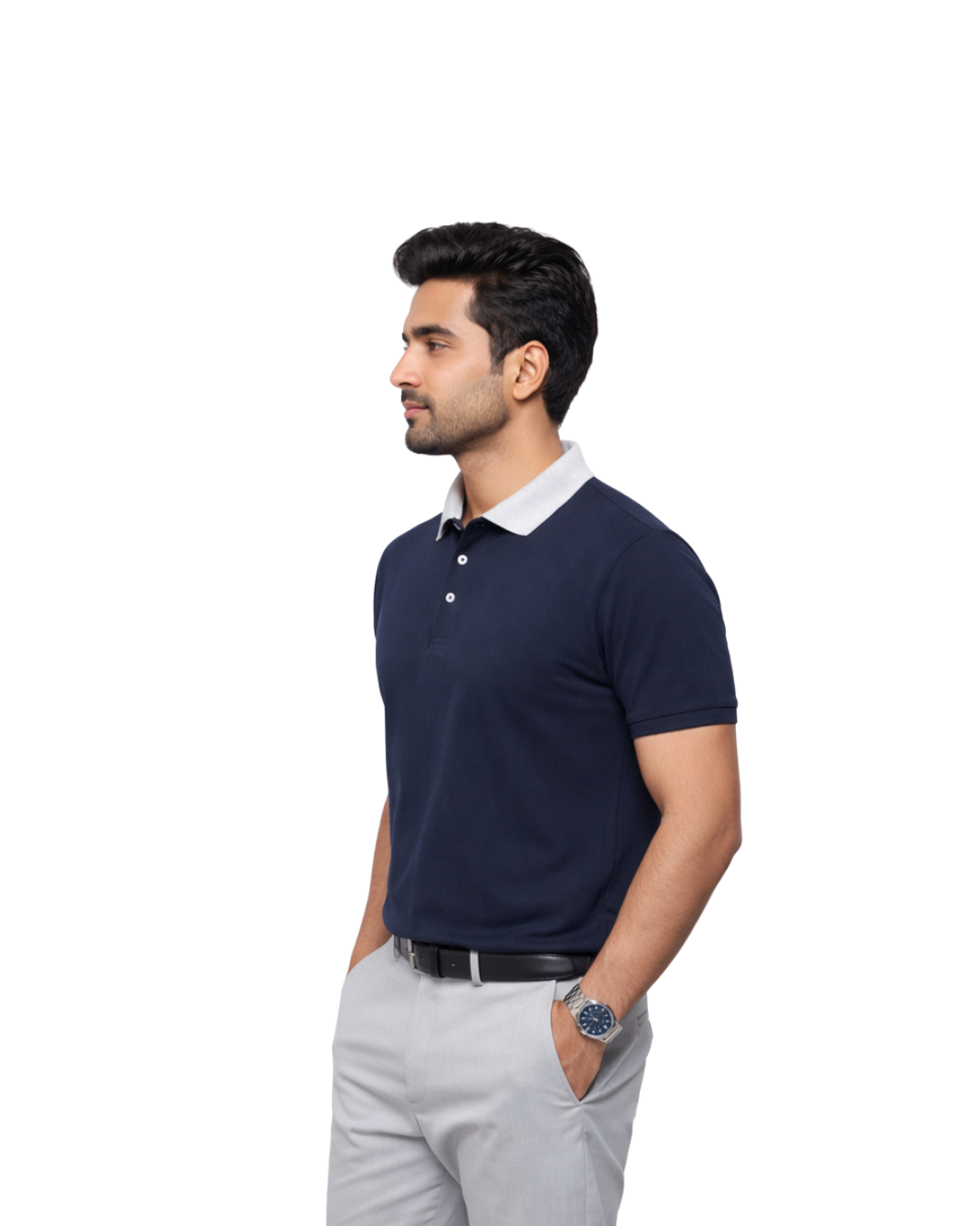 Men’s Navy Blue Polo T-Shirt with Grey Collar - Image 3