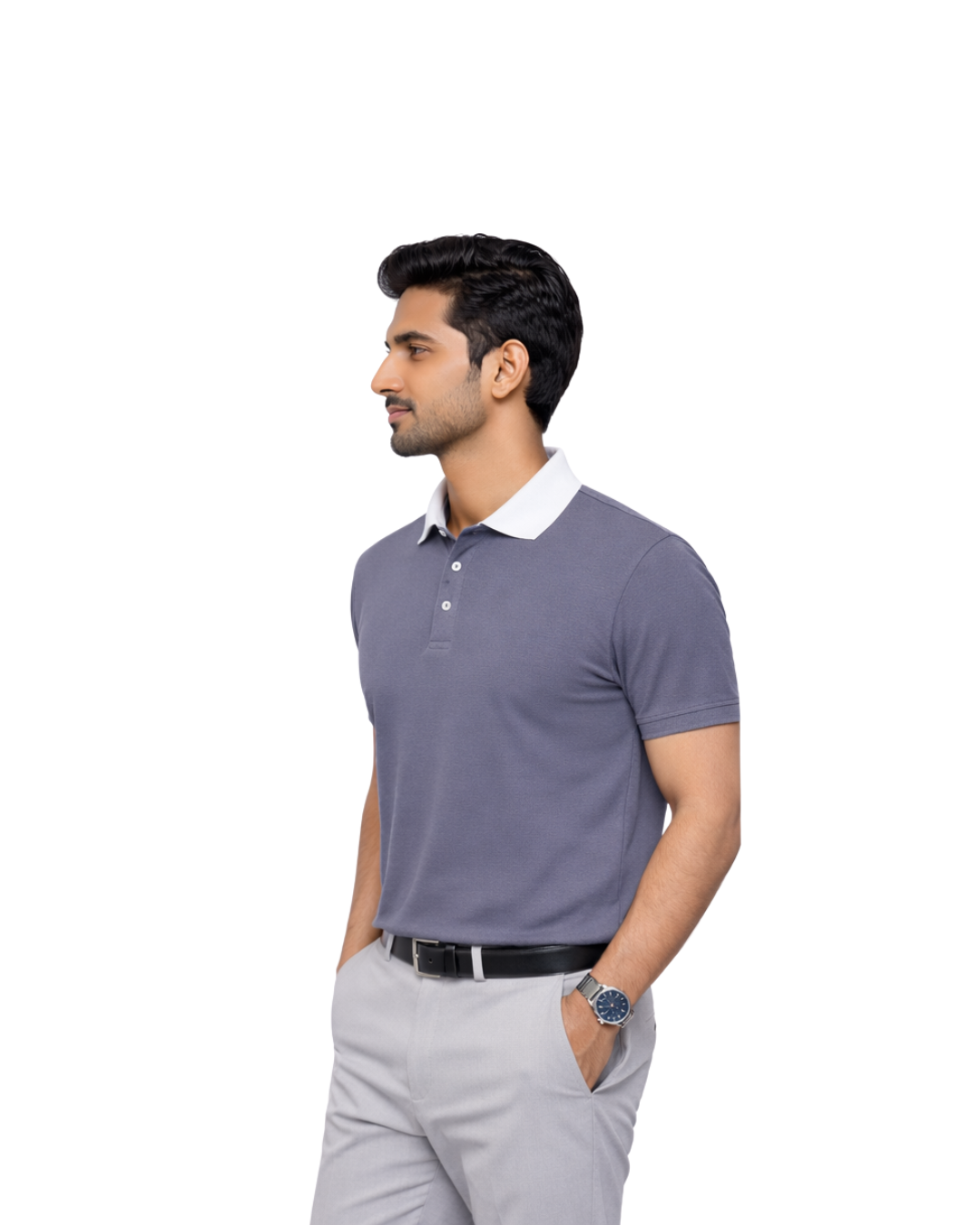 Men’s Steel Blue Polo T-Shirt with White Collar - Image 2