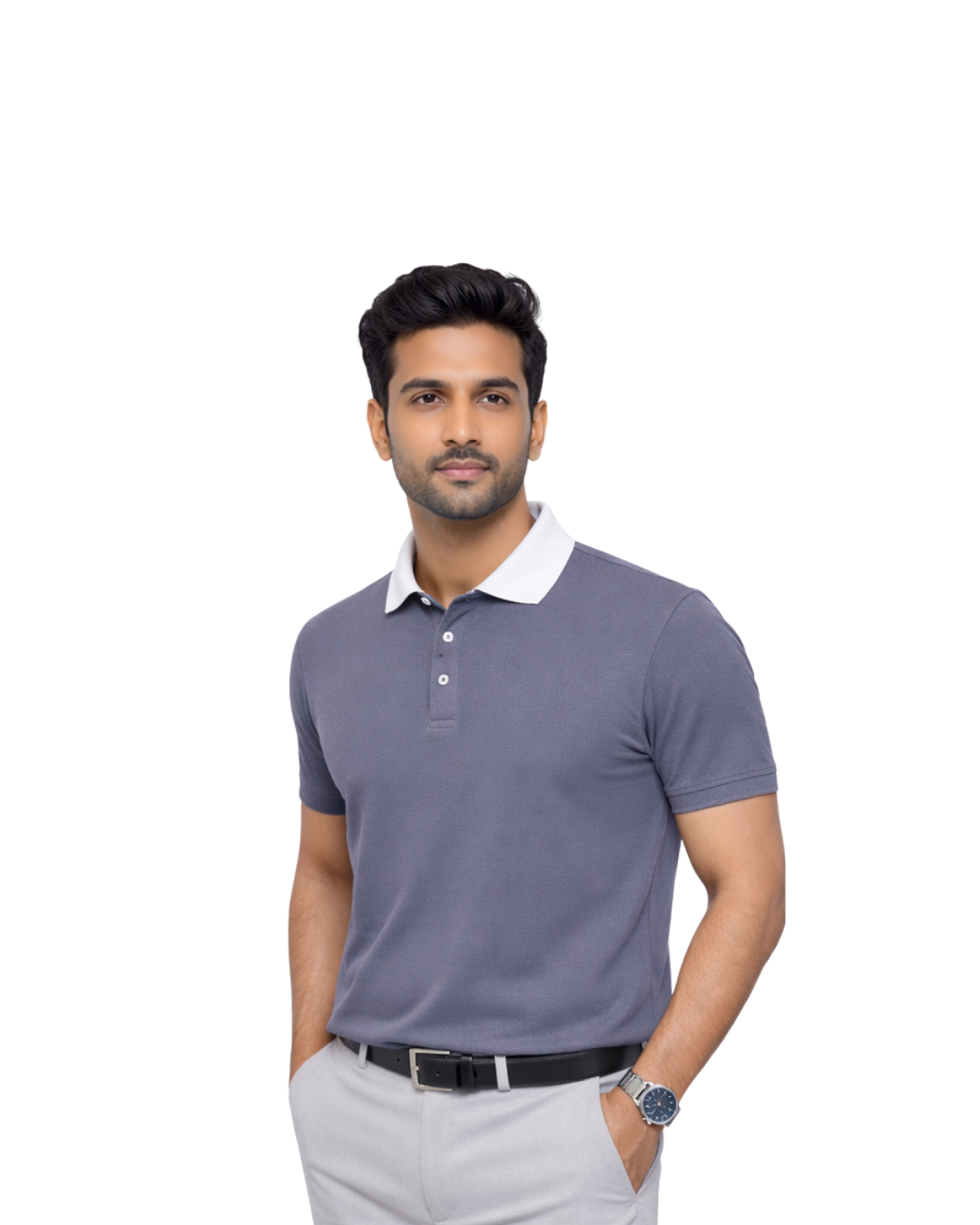 Men’s Steel Blue Polo T-Shirt with White Collar - Image 3