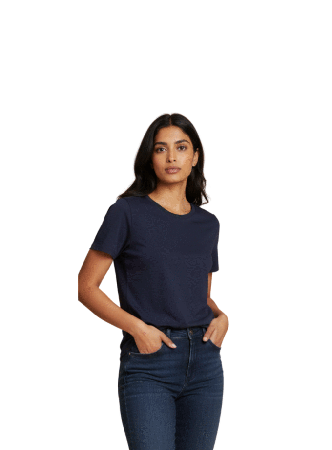 Navy Blue Solid Crew Neck Basic T-Shirt For Women