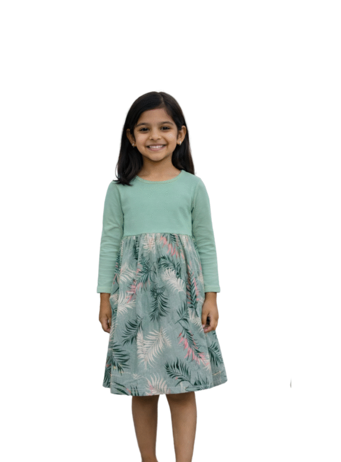 Mint & Sage Green Printed Full Sleeve Dress for Girls