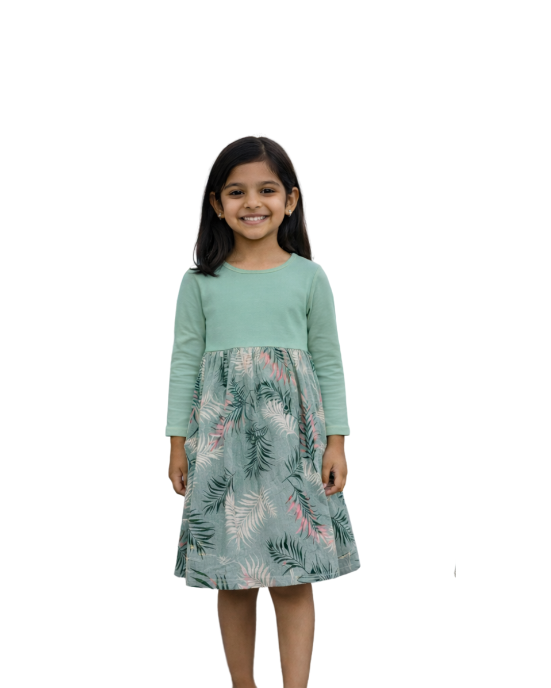 Mint & Sage Green Printed Full Sleeve Dress for Girls