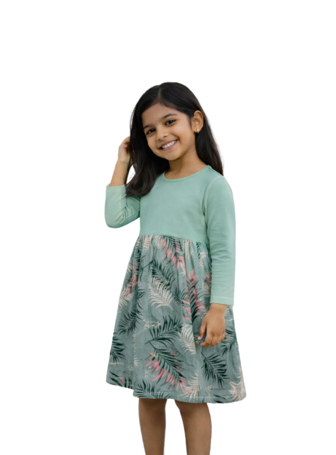 Mint & Sage Green Printed Full Sleeve Dress for Girls