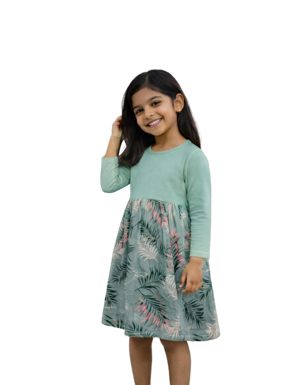 Mint & Sage Green Printed Full Sleeve Dress for Girls - Image 3