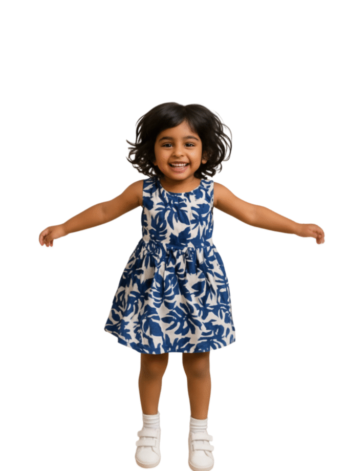 Blue & White Printed Sleeveless Dress for Girls