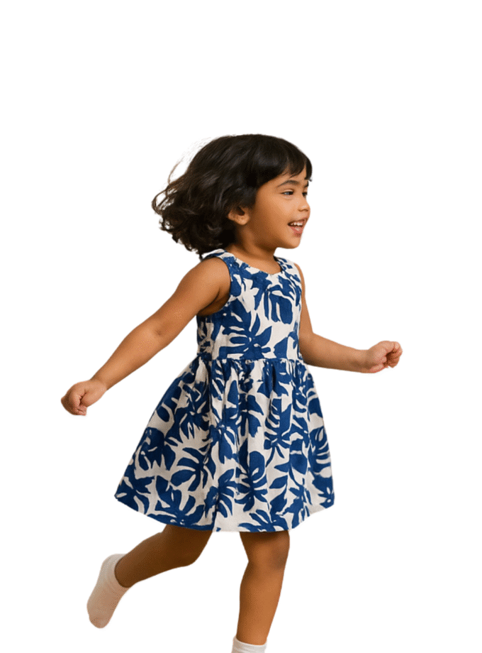 Blue & White Printed Sleeveless Dress for Girls