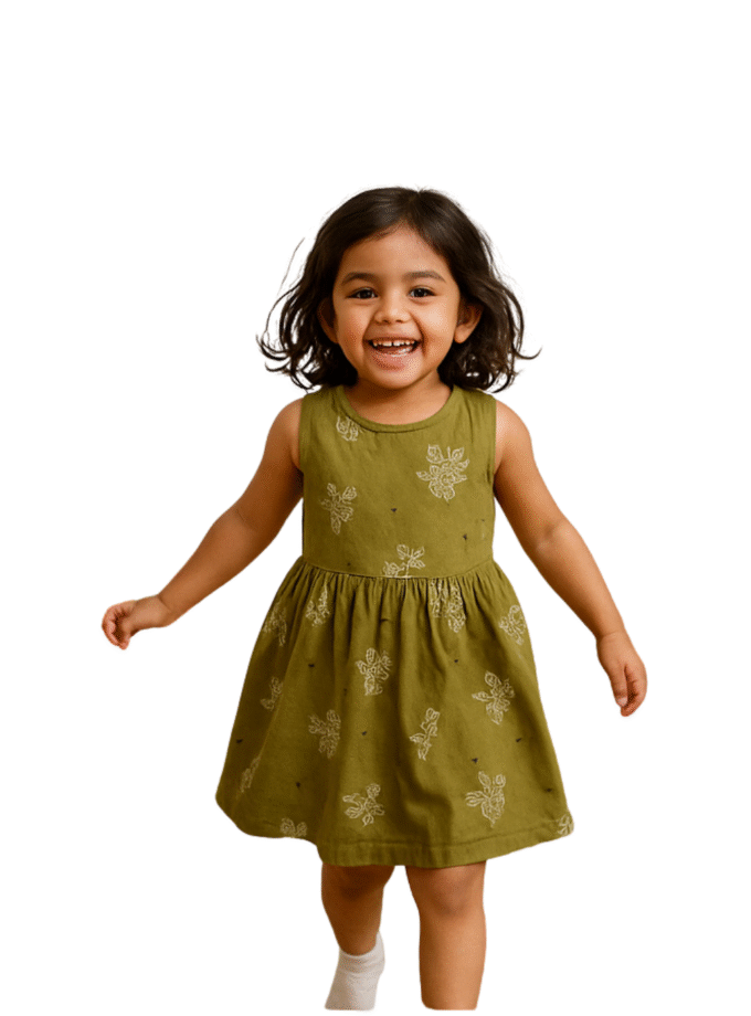 Olive Green Printed Sleeveless Dress for Girls