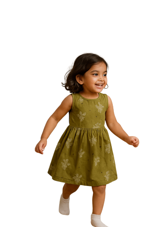 Olive Green Printed Sleeveless Dress for Girls