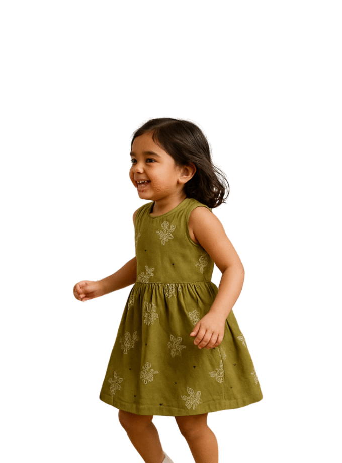 Olive Green Printed Sleeveless Dress for Girls