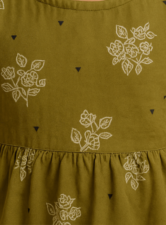 Olive Green Printed Sleeveless Dress for Girls