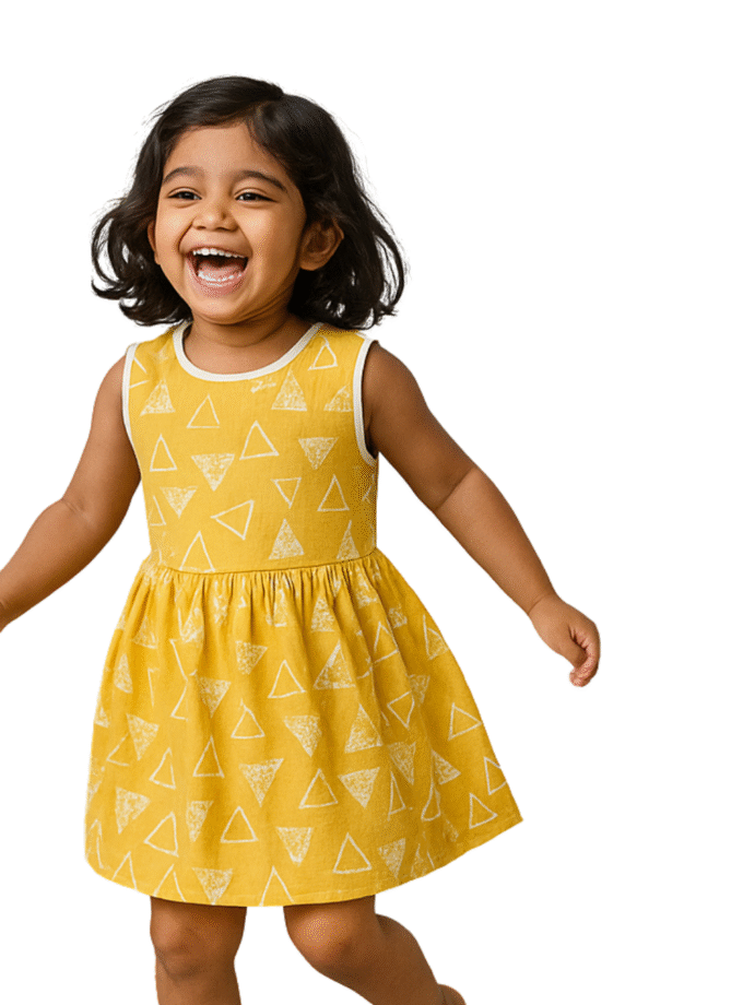 Mustard Yellow Printed Sleeveless Dress for Girls