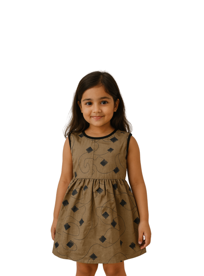 Olive Brown Printed Sleeveless Dress for Girls