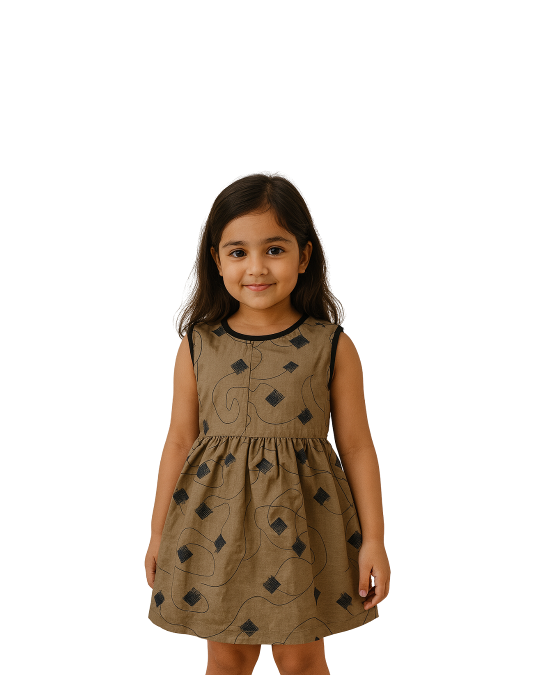 Olive Brown Printed Sleeveless Dress for Girls - Image 3