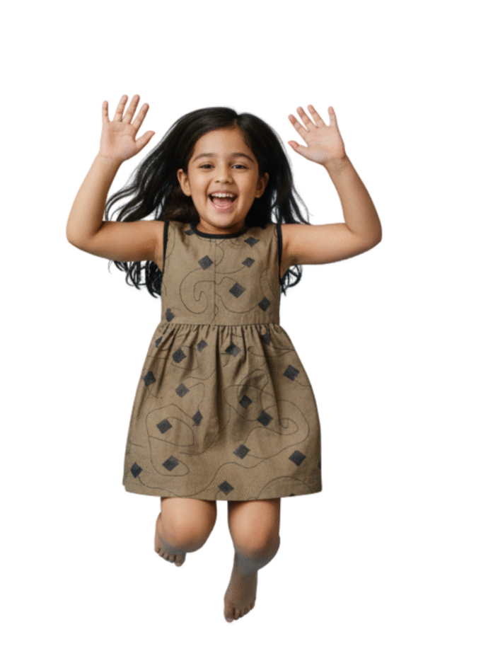 Olive Brown Printed Sleeveless Dress for Girls