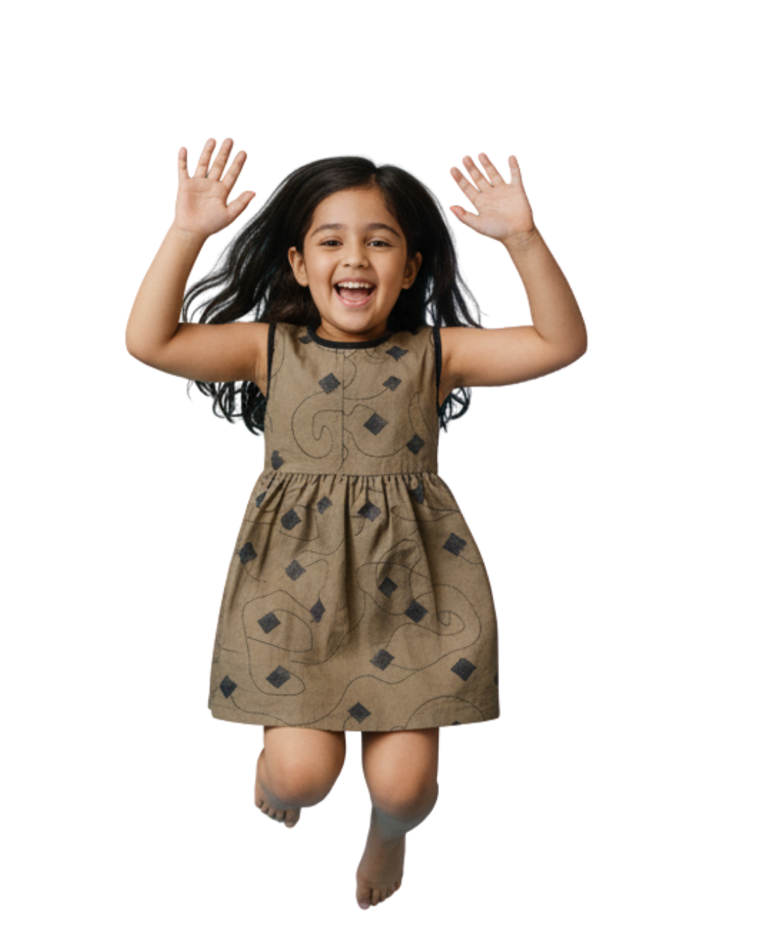 Olive Brown Printed Sleeveless Dress for Girls