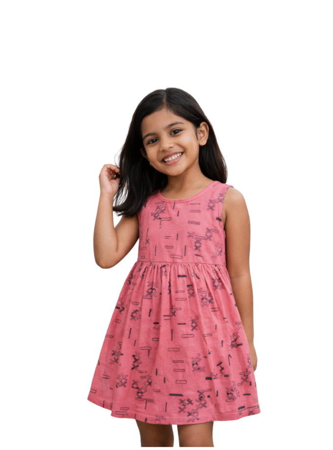 Rose Pink Printed Sleeveless Dress for Girls