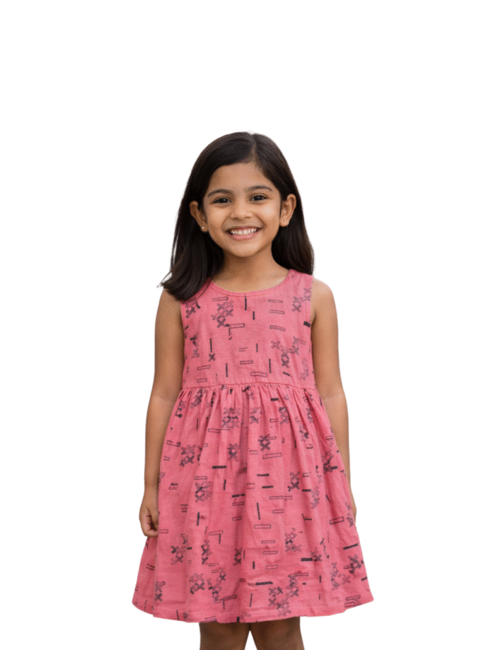 Rose Pink Printed Sleeveless Dress for Girls