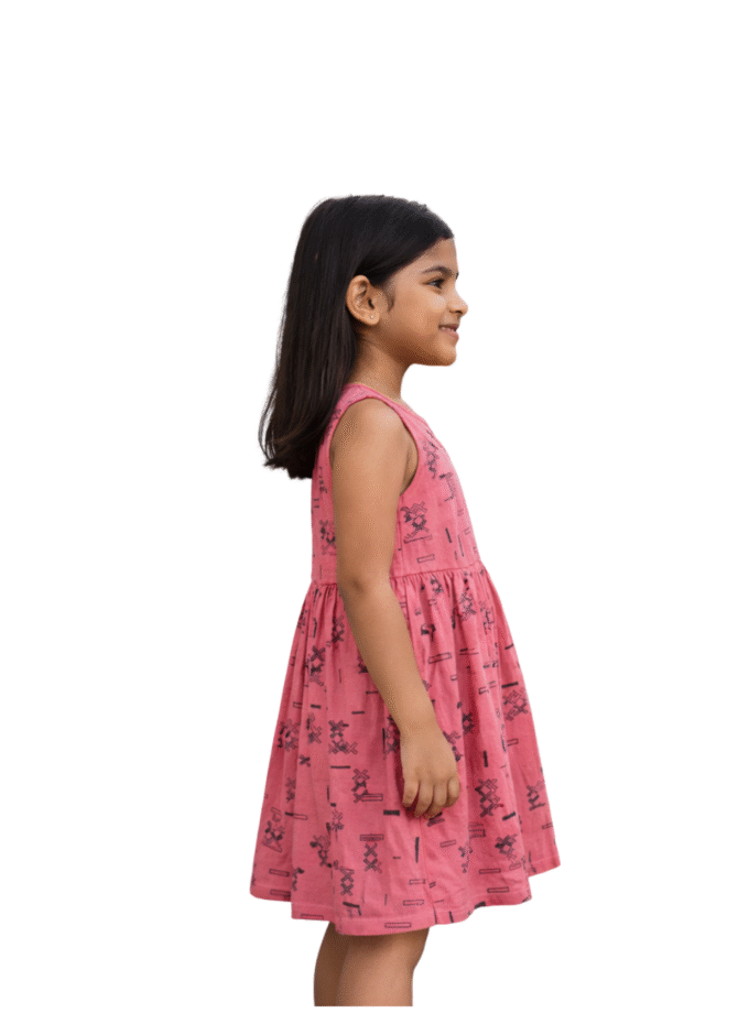 Rose Pink Printed Sleeveless Dress for Girls