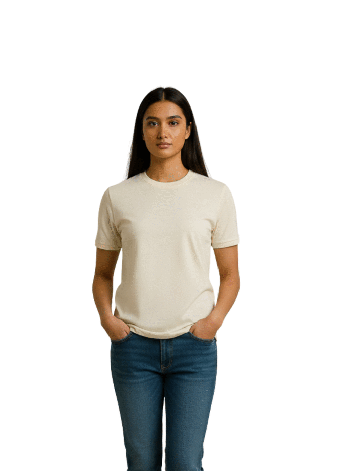 Cream Solid Crew Neck T-Shirt For Women