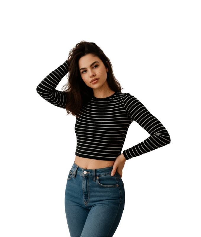 Black and White Striped Long-Sleeve Crop Top