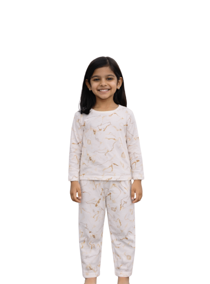 Cream Printed Full Sleeve Nightwear Set for Girls