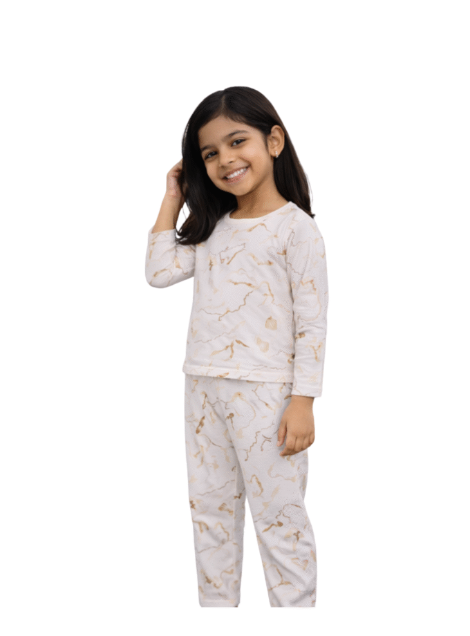 Cream Printed Full Sleeve Nightwear Set for Girls