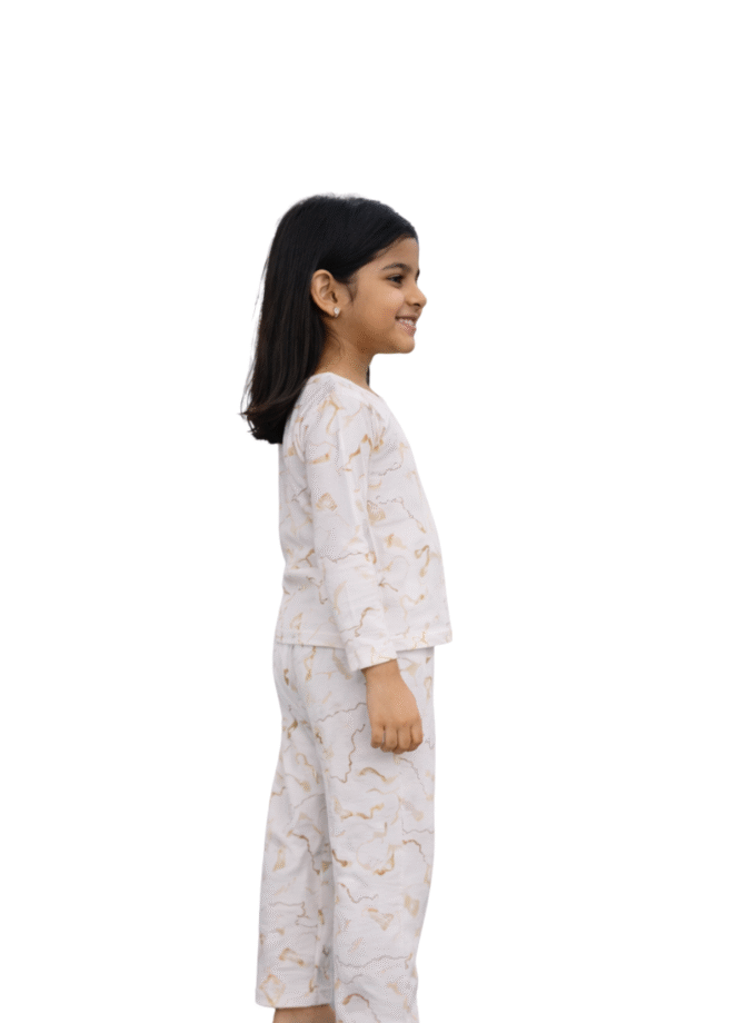 Cream Printed Full Sleeve Nightwear Set for Girls
