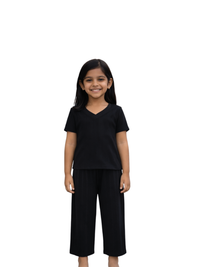 Black Solid Co-Ord Set – Top & Pants for Girls