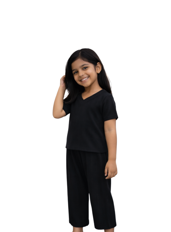 Black Solid Co-Ord Set – Top & Pants for Girls