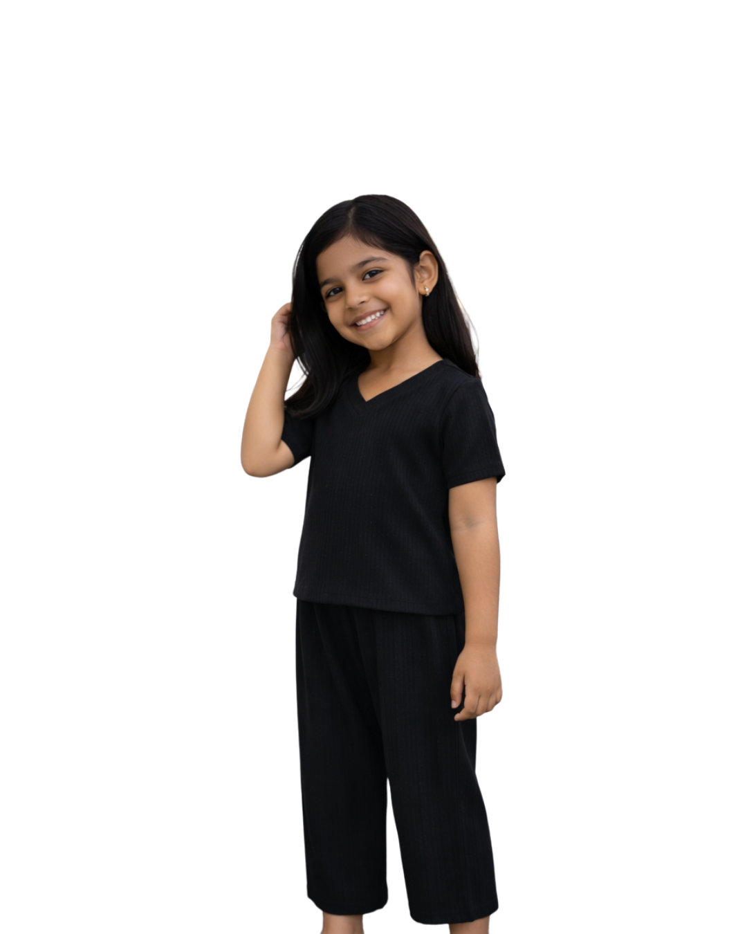 Black Solid Co-Ord Set – Top & Pants for Girls - Image 2