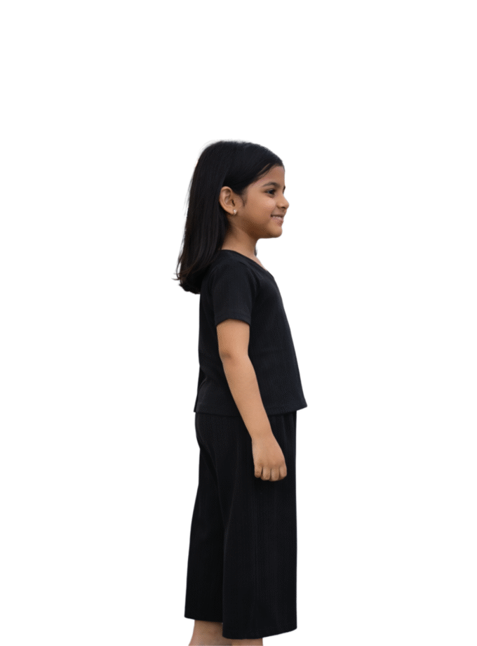 Black Solid Co-Ord Set – Top & Pants for Girls