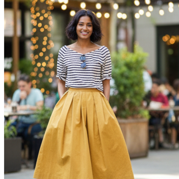 Striped Boat-Neck T-Shirt & Mustard Pleated Midi Skirt Set