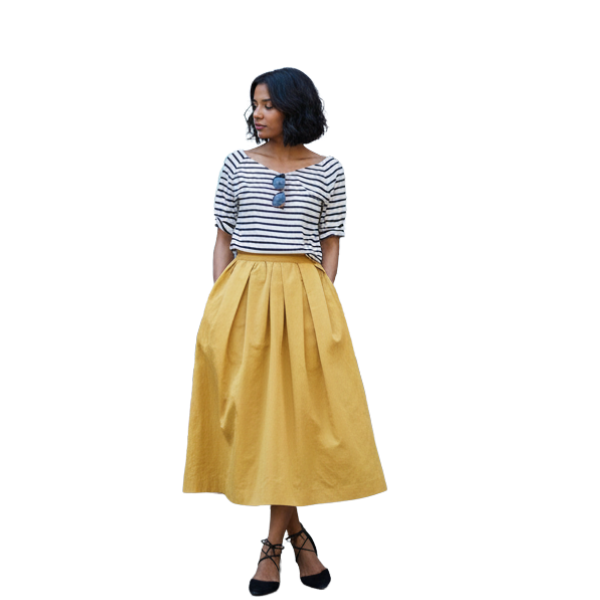 Striped Boat-Neck T-Shirt & Mustard Pleated Midi Skirt Set
