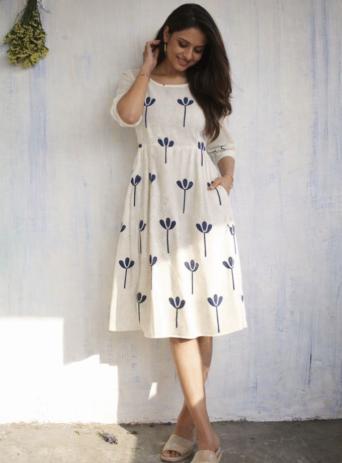 Handcrafted Floral Print Cream Cotton Fit & Flare Dress