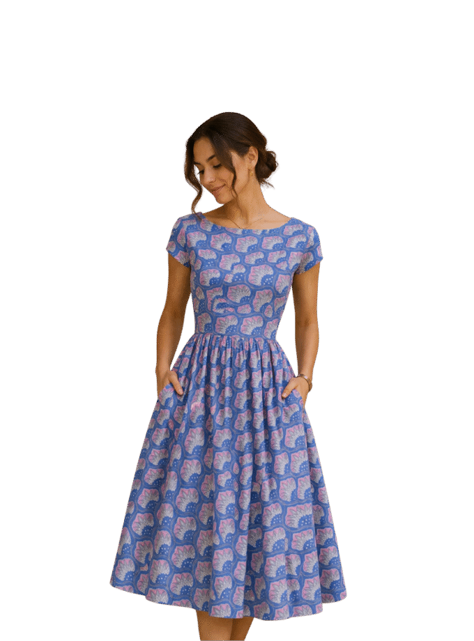 Mediterranean Blue Lotus Fit-and-Flare Midi Dress