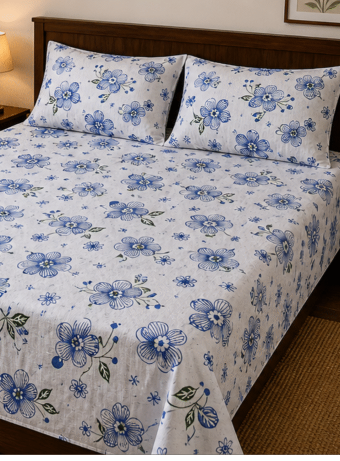 Azure Bloom: Premium King-Size Cotton Bedspread